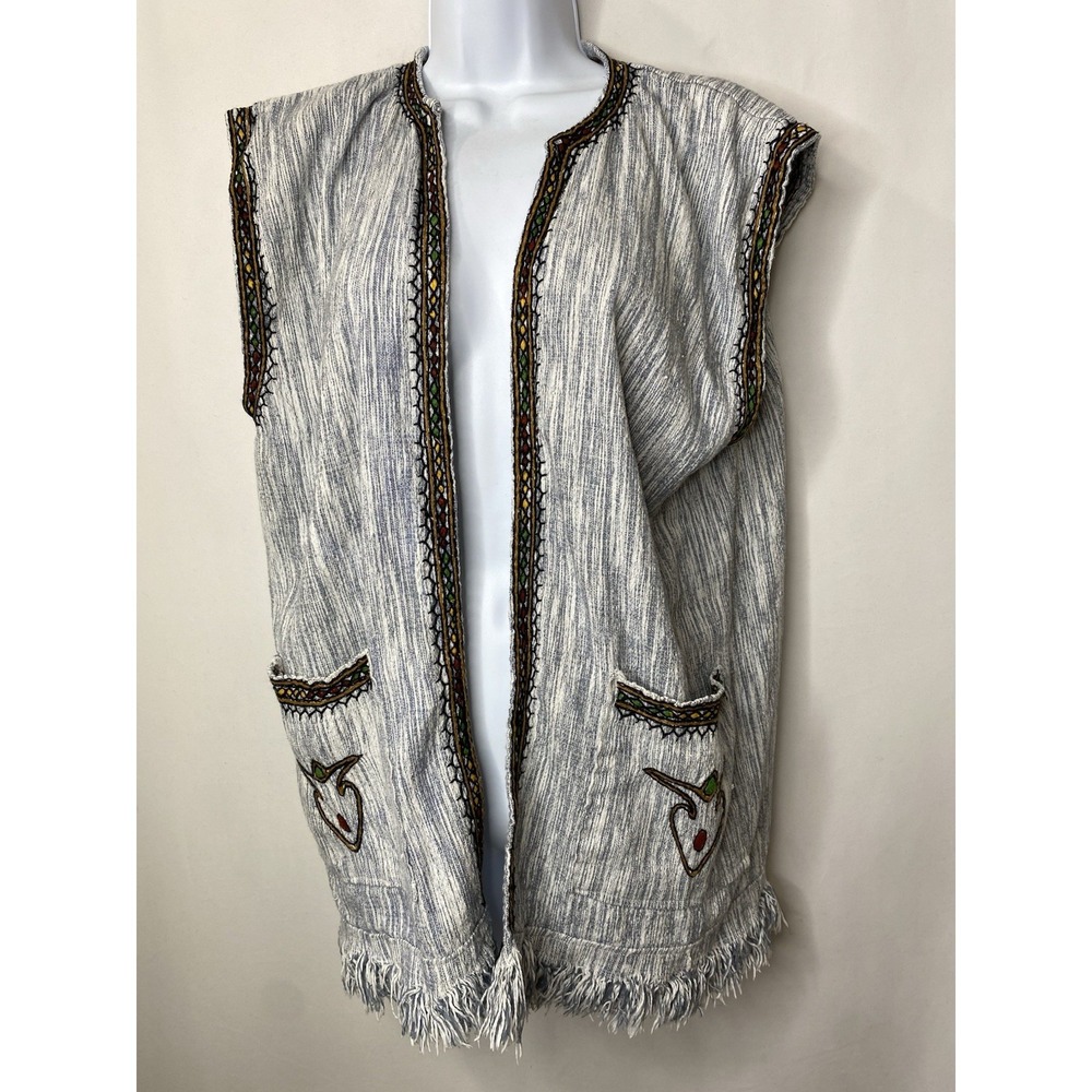 Vtg 70's Handmade Embroidered Vest One Size Tree Of Life Fringe Boho Hippie Fest